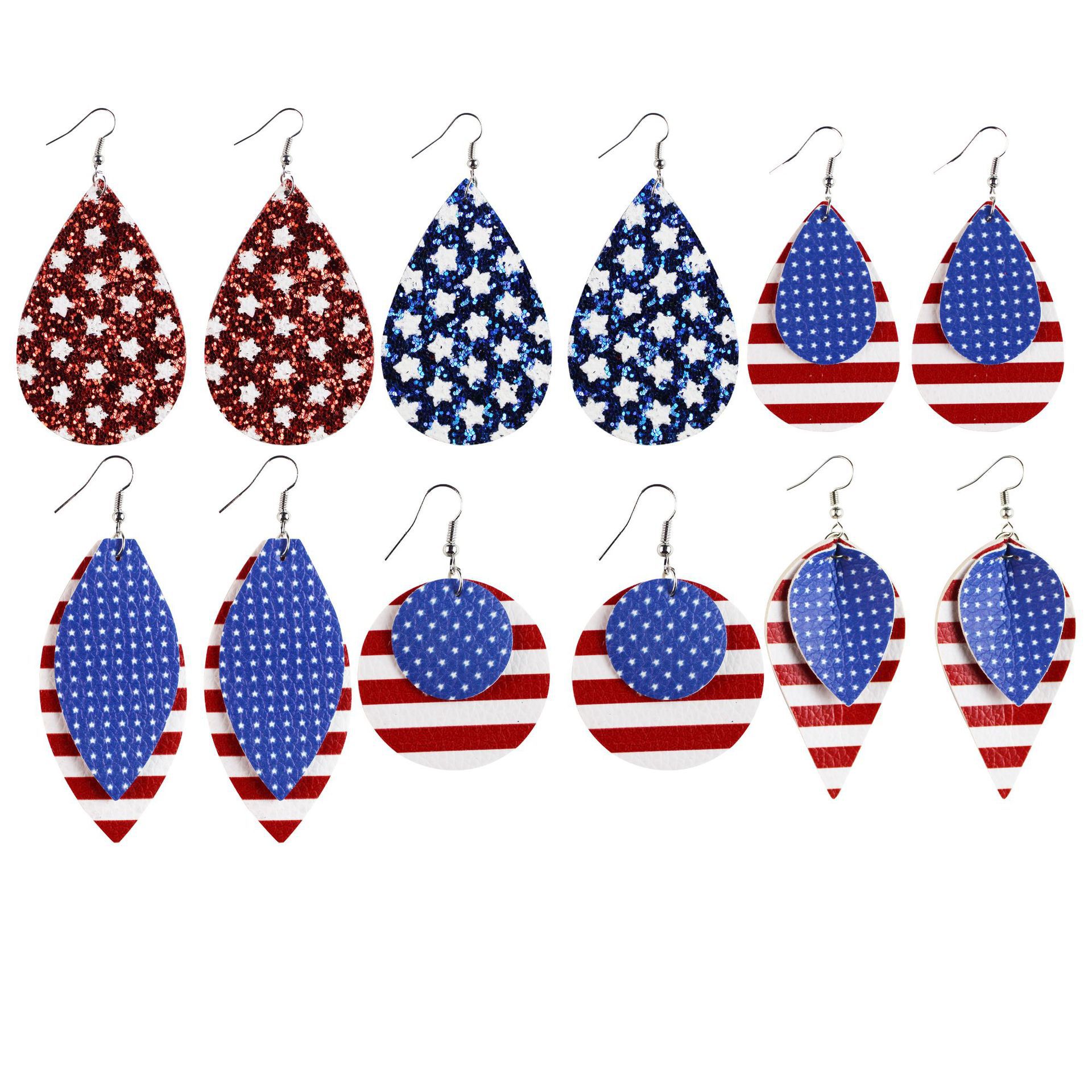 Pu Double-Layer Leather Printed Earrings US Election Flag Independence Day Theme Sequined Earrings Cross-Border AliExpress