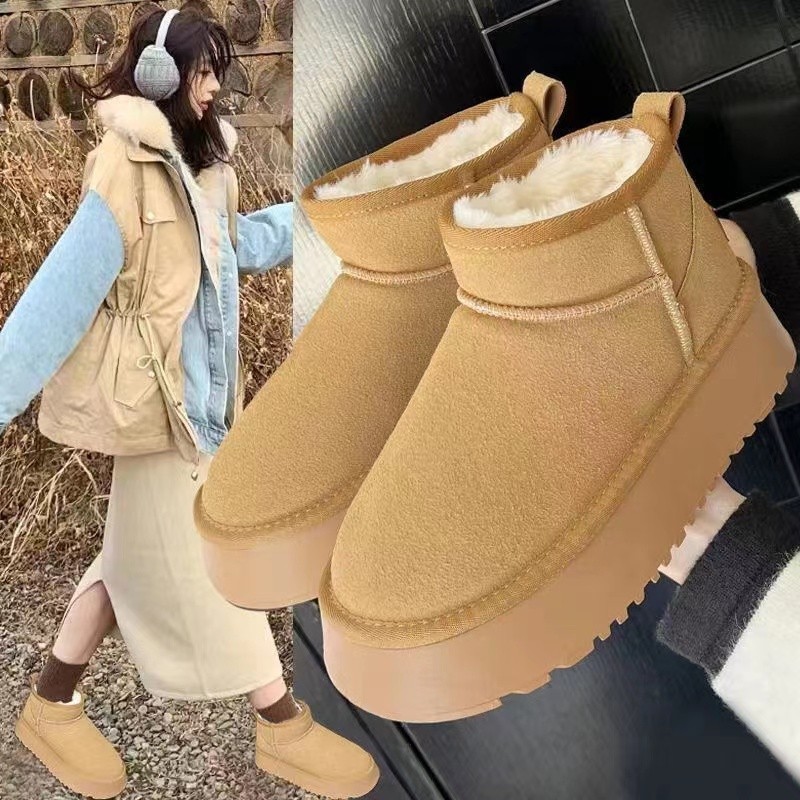 2023 autumn and winter new snow boots women‘s muffin thick bottom for outdoors short tube all-matching thick warm fluffy cotton shoes wholesale