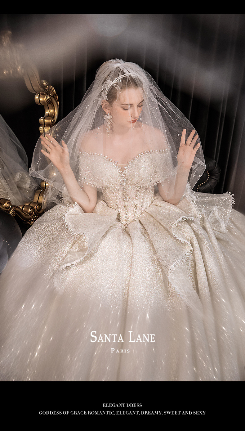 珍珠少女主婚纱2022新款新娘宫廷风法式复古奢华一字肩拖尾主婚纱