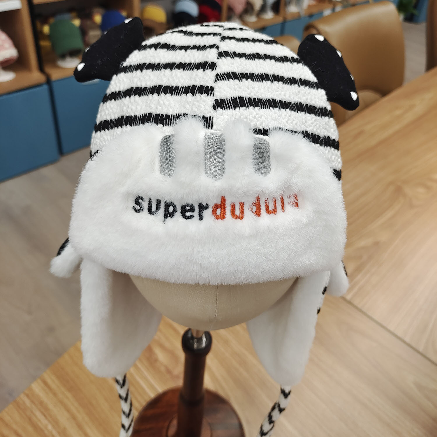 Dudula Children Hat Winter Earflaps Warm Hat Fleece Ears Protection Cap Striped Small Cartoon Ear Protection