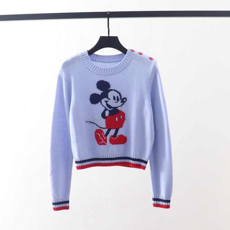 miu家秋季新款卡通米奇米老鼠提花图案圆领针织上衣短款蓝色毛衣