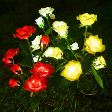 太阳能玫瑰花灯不锈钢绢布6头7头LED仿真花地插灯庭院装饰草坪灯
