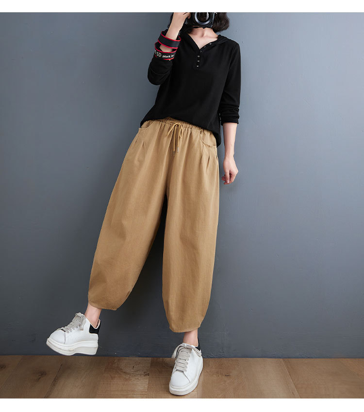 2021秋季新款胖mm洗水纯色高腰松紧腰系带灯笼裤长裤防蚊裤休闲裤