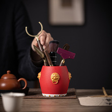 中式创意红鼓烟灰缸带盖茶道器具茶筒茶叶罐六君子套装茶桌装饰品