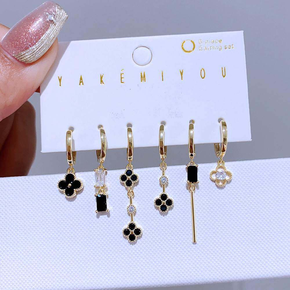 轻奢时尚黑锆石四叶草耳环耳饰套装不对称耳扣6件套欧美跨境新款