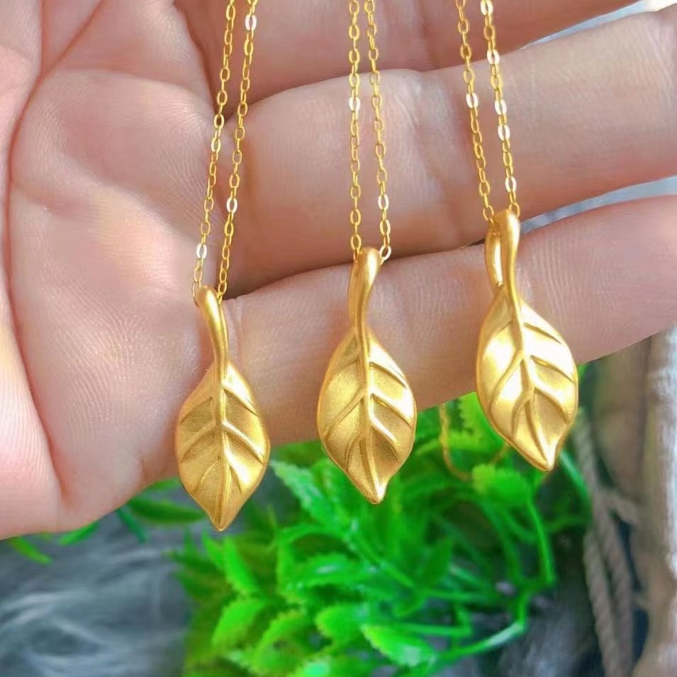 黄金足金999金叶子吊坠3d硬金简约国潮温婉金枝玉叶锁骨项链挂坠
