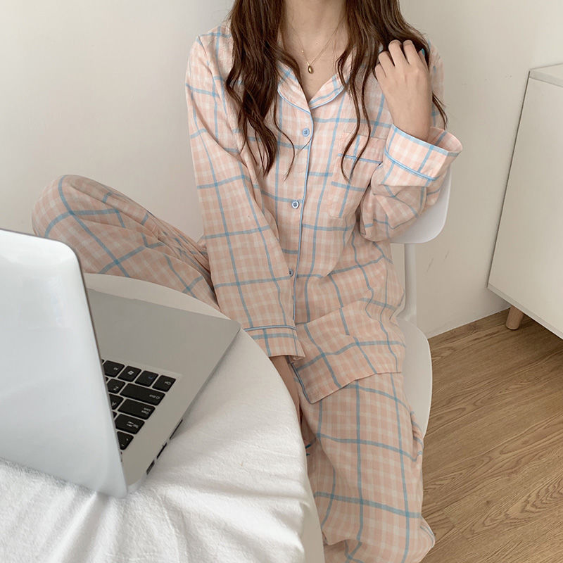Korean Pajamas Women's Plaid Spring, Autumn and Winter Long-Sleeved Cardigan Sweet Cute Student Homewear Suit Cross-Border Foreign Trade