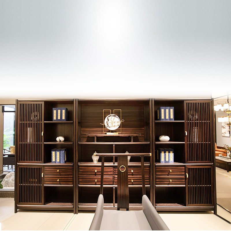 新中式书柜办公室书房实木书架展示柜轻奢金丝胡桃木整墙置物架