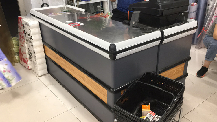 超市收银台商场便利生鲜蔬果店卖场转角钢木简约不锈钢台面收银台