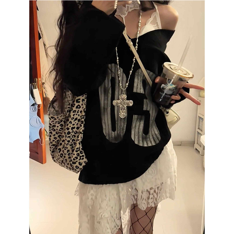 美式辣妹风印花领针织毛衣女冬白色不规则蕾丝半身裙两件套套装