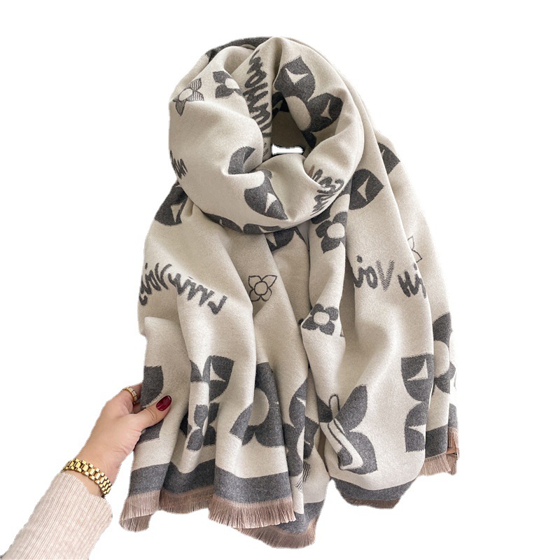 Autumn and Winter Five-Leaf Flower Artificial Cashmere Scarf Lady Style All-Matching Warm Shawl Dual-Use Winter Bib Long Shawl