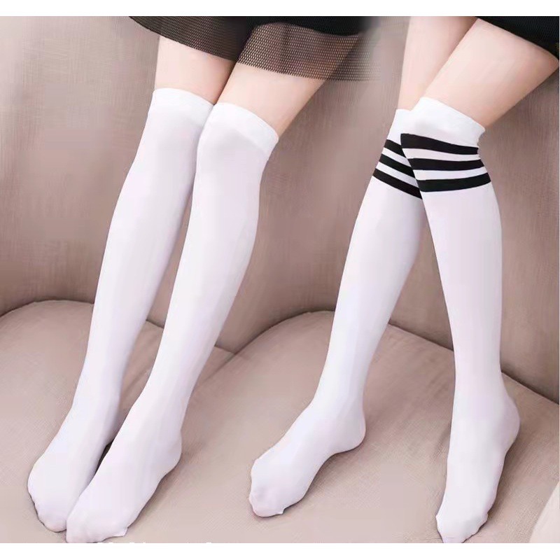 薄款天鹅绒儿童长筒袜六一白色舞蹈袜过膝复古三杠条纹女童中筒袜