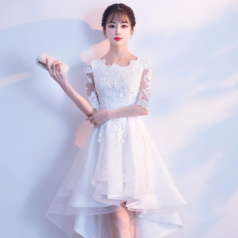 白色晚礼服女前短后长学生岁女生成人礼生日派对连衣裙毕业