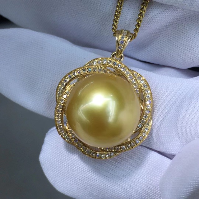 天然海水菲律宾南洋金珠吊坠14-15mm圆强光几乎无瑕18k金钻石镶嵌