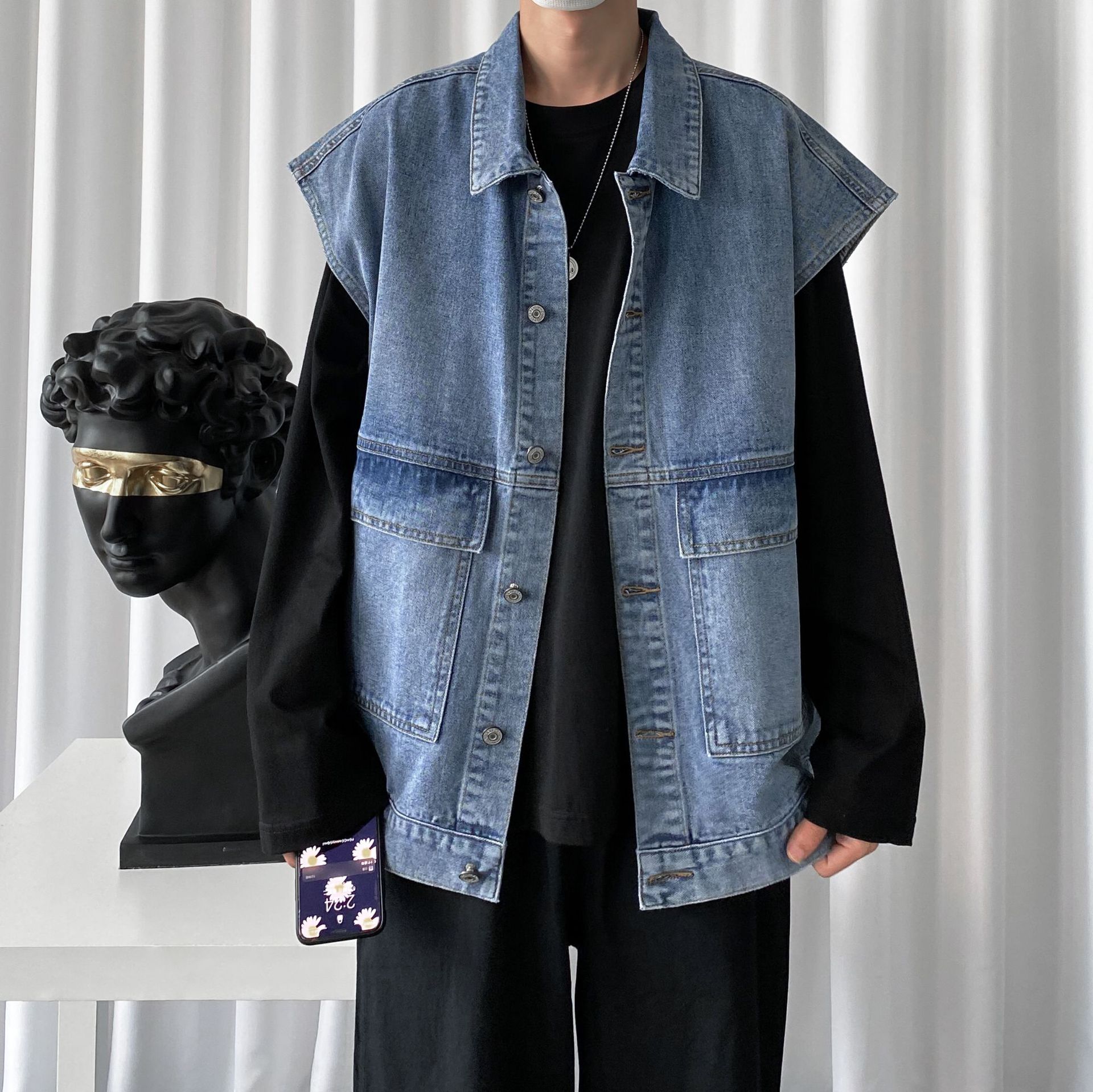 牛仔马甲男2022男士新款牛仔外套时尚牛仔背心休闲宽松男装