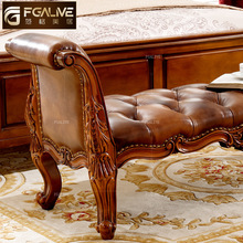 新品复古皮艺床前凳客厅全实木美式床尾凳雕花床榻卧室家具欧式长