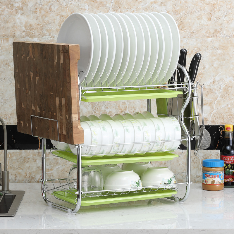 Kitchen Three-Layer Storage Rack Bowl Dishes Bowl Plate Storage Rack Draining Rack Household Multi-Functional Bowl Rack Tableware Iron