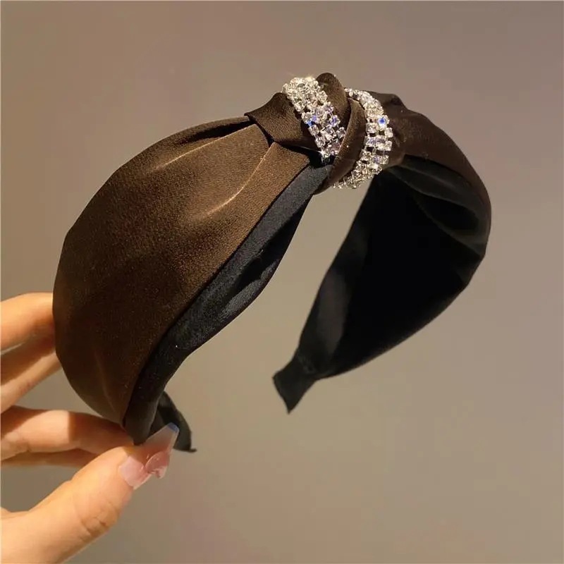 Korean Style Cross-Knotted Rhinestone Wide Brim Hair Band Women's Double-Layer Satin Retro Temperament High Skull Top Joker Hairclip Headdress