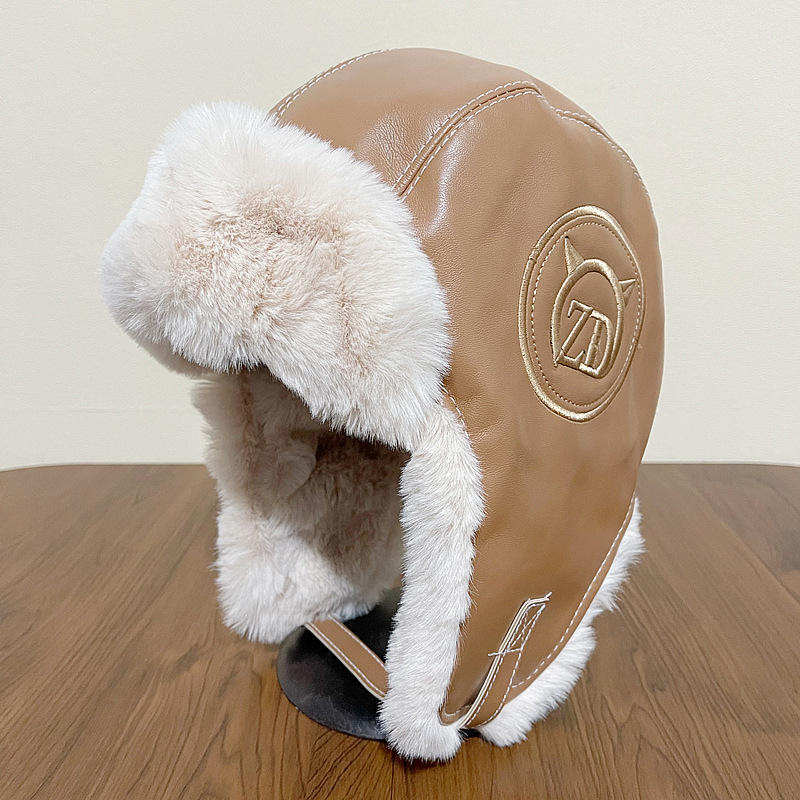 PU Leather Ushanka Women's Autumn and Winter Thickened Warm Riding Plush Hat Outdoor Skiing Cold-Proof Earmuffs Hat Tide