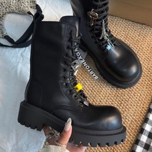 厚底增高系带马丁靴女2025秋冬新款百搭吊坠中筒靴复古黑色皮靴子