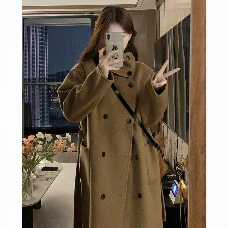 秋冬季仿羊绒毛呢外套女赫本风高级感呢子双排扣大衣小个子中长款
