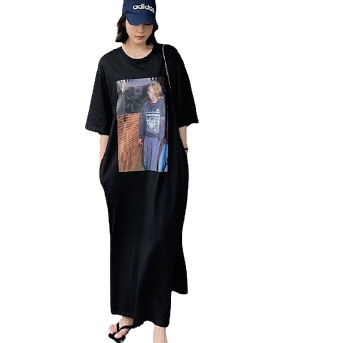 Summer Short Sleeve Personalized Korean Long T-shirt Dress Casual Loose Large Size Slimming Slit Dress Nightdress Can Be Worn outside