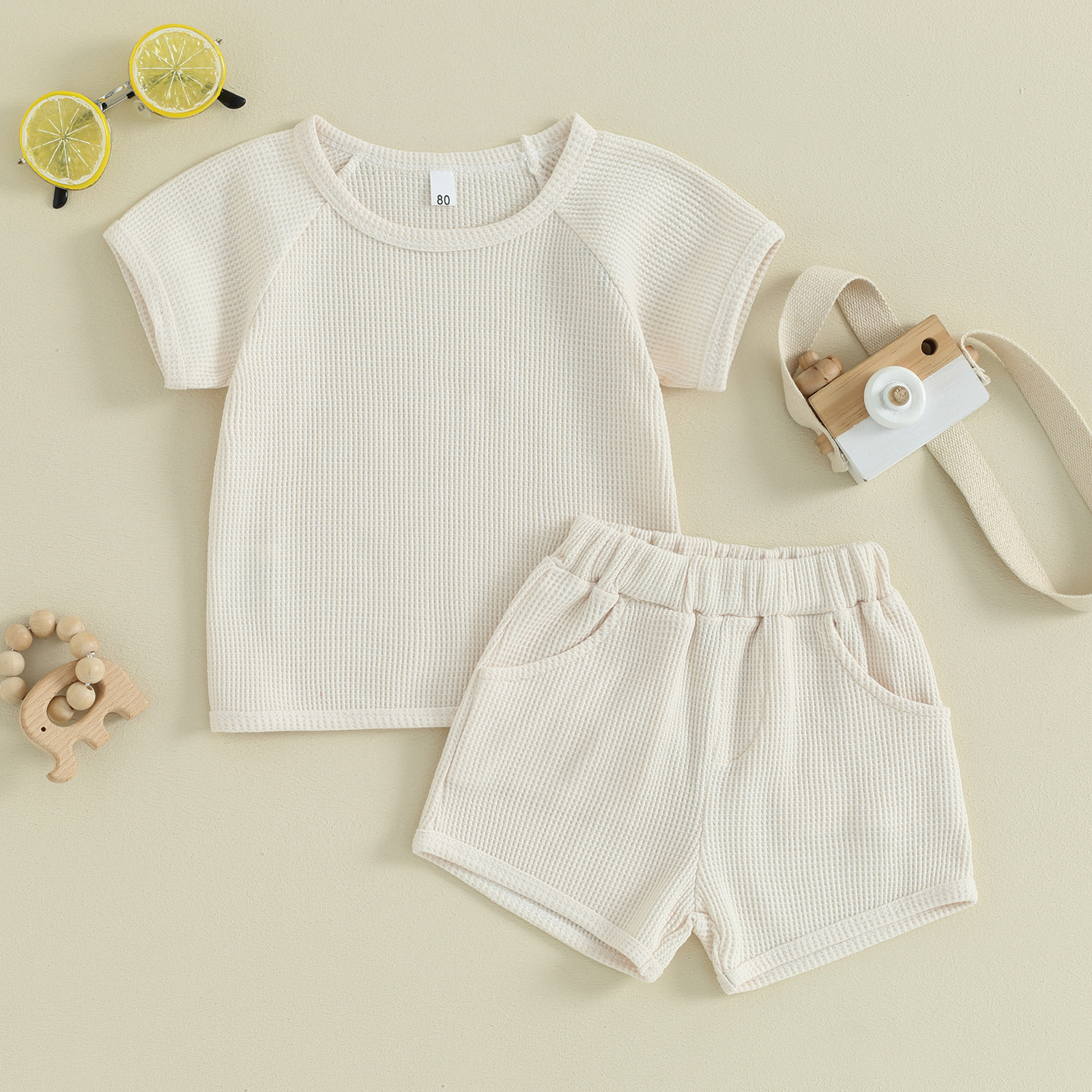 Baby Suit Summer Amazon Ins Waffle Short-Sleeved Shorts Two-Piece Baby Clothes Comfortable Casual