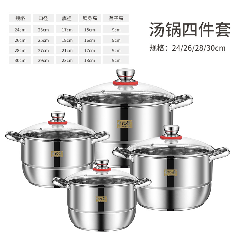 Cross-Border Stainless Steel Pot Set Soup Pot Eight-Piece Set Thickened and Large-Capacity Pot with Two Handles with Plate for Streaming Soup Poy Pot