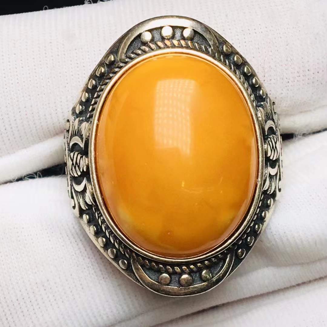 天然欧洲回流老蜜花蜡男款戒指925重银双色复古款工艺蜜蜡男戒