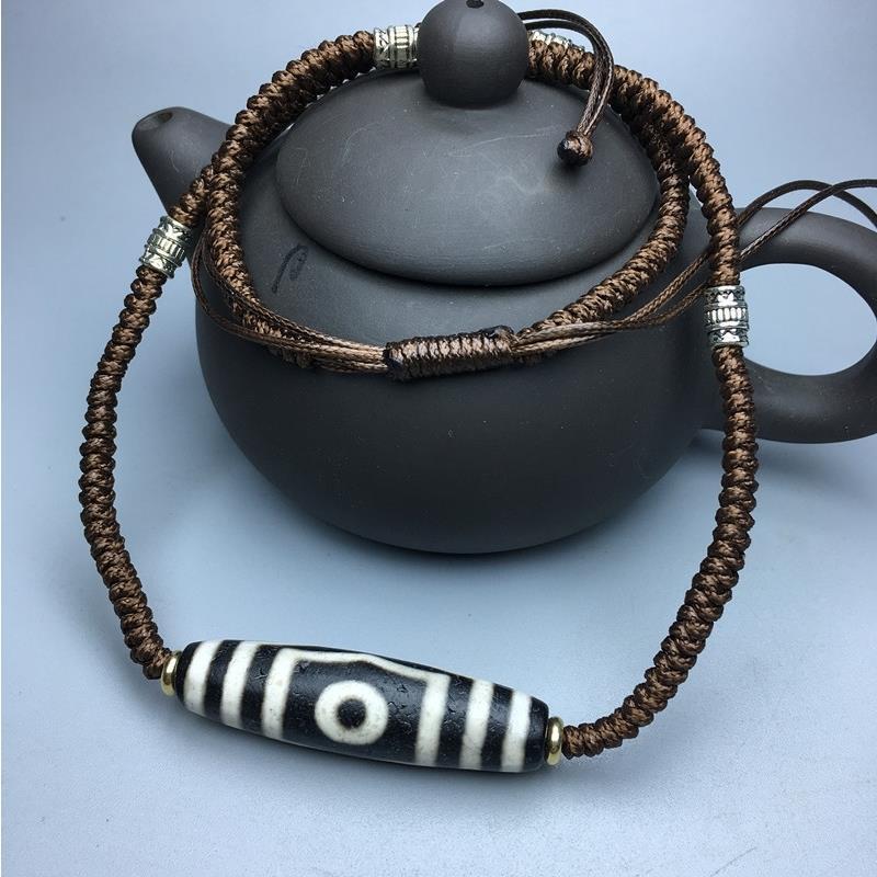 西藏老矿包浆马蹄纹真品三眼天珠玛瑙玉髓项链吊坠原创送证书