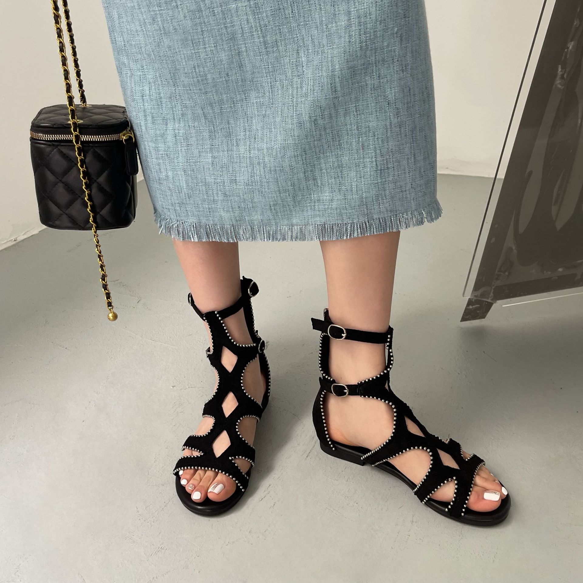 网红ins潮高帮凉鞋女欧美2023夏季新款露趾黑色凉靴平底罗马鞋子