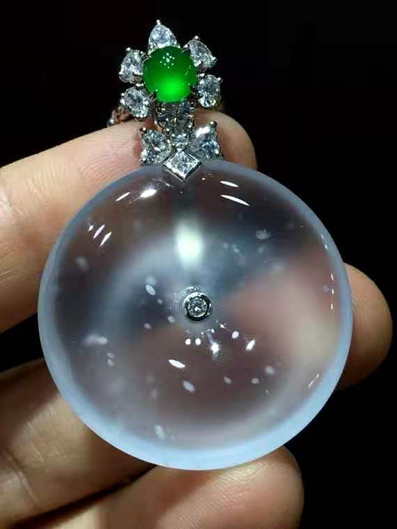 天然玻璃种冰透翡翠平安扣吊坠18k金镶嵌缅甸a货正品冰种玉挂件女