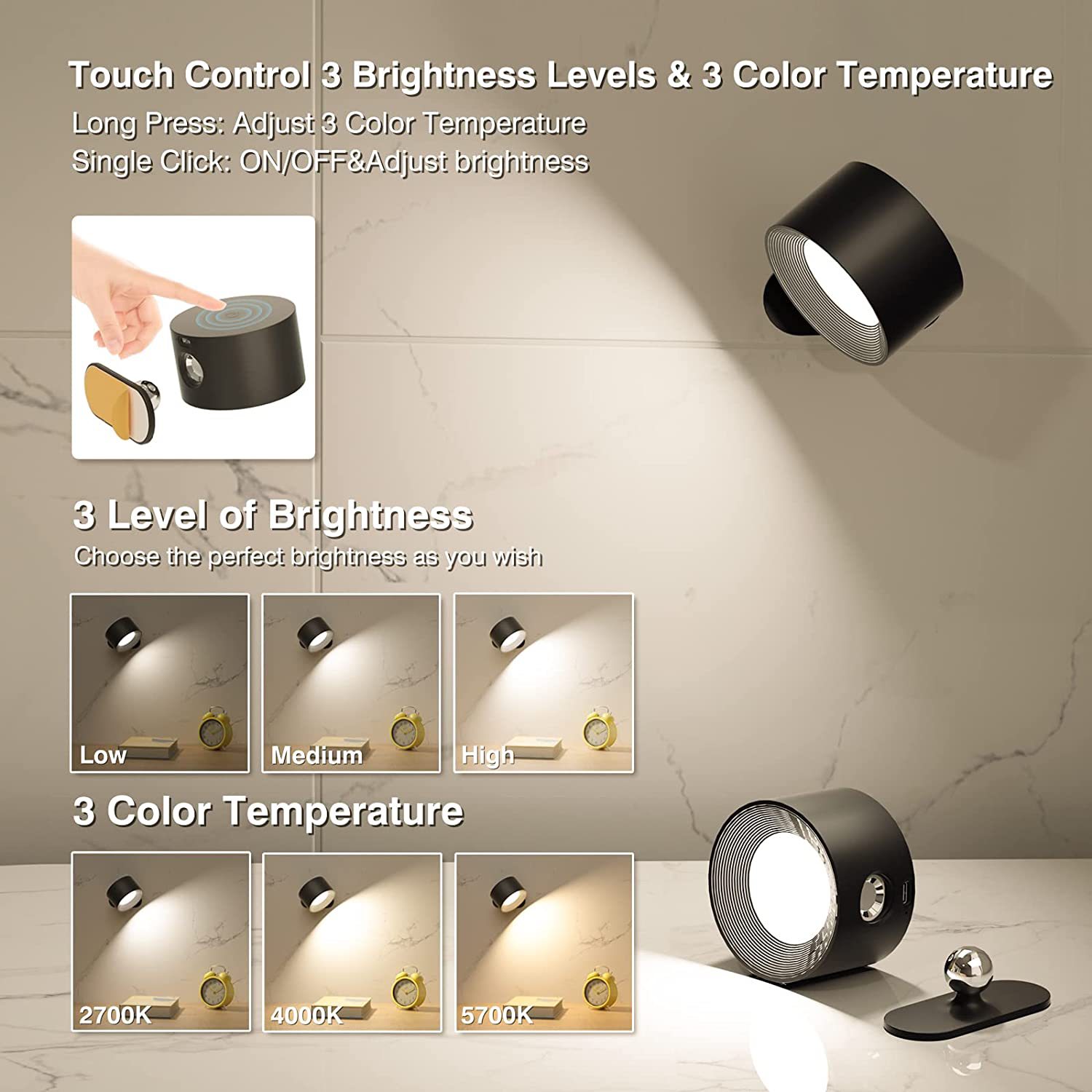 New Magnetic Touch Remote Control Wall Lamp 360 Degree Adjustable Reading Light Punch-Free Usb Rechargeable Wall Lamp