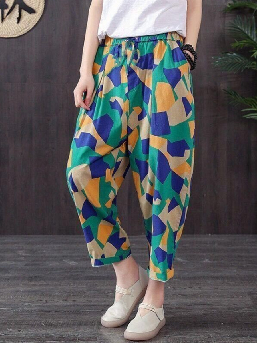 Large Size Women's Clothing 2023 New Women's Cotton Pants Fashion Mom Pants Summer Thin Printed Cropped Casual Harem Pants