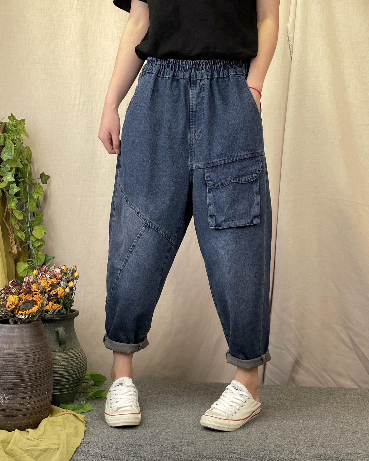 2022春季新款文艺复古时尚松紧腰水洗做旧百搭九分牛仔哈伦裤女潮