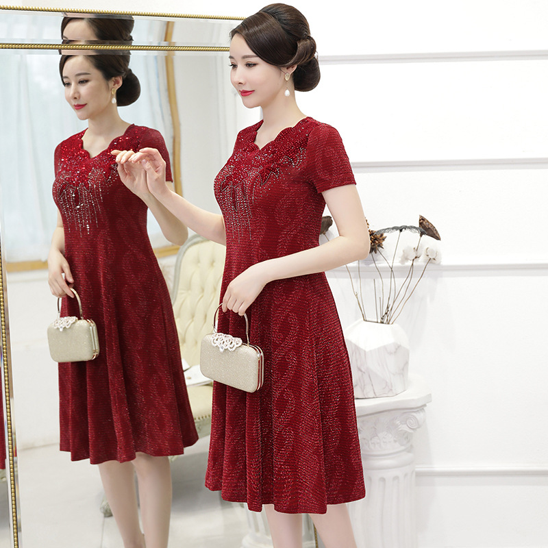 婚礼妈妈装母亲结婚礼服宴会婚礼服旗袍连衣裙春夏款中老年红色裙