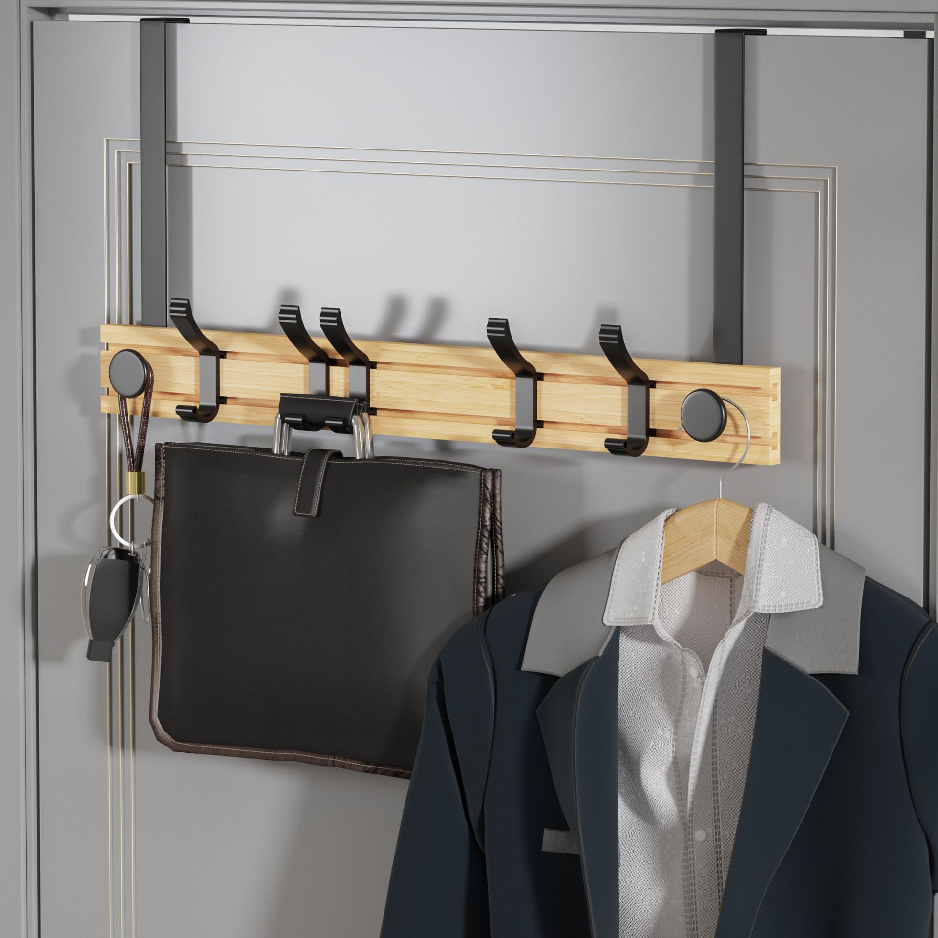 原木风门后挂钩卧室壁挂挂衣架活动衣帽钩免打孔排钩衣服钩门背式