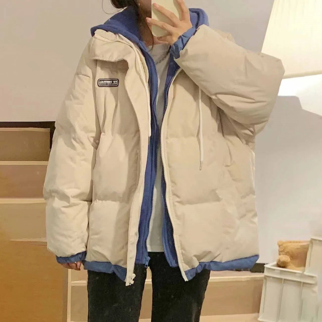 韩系学院风设计感假两件加厚连帽铺棉外套外套女学生冬季保暖棉服