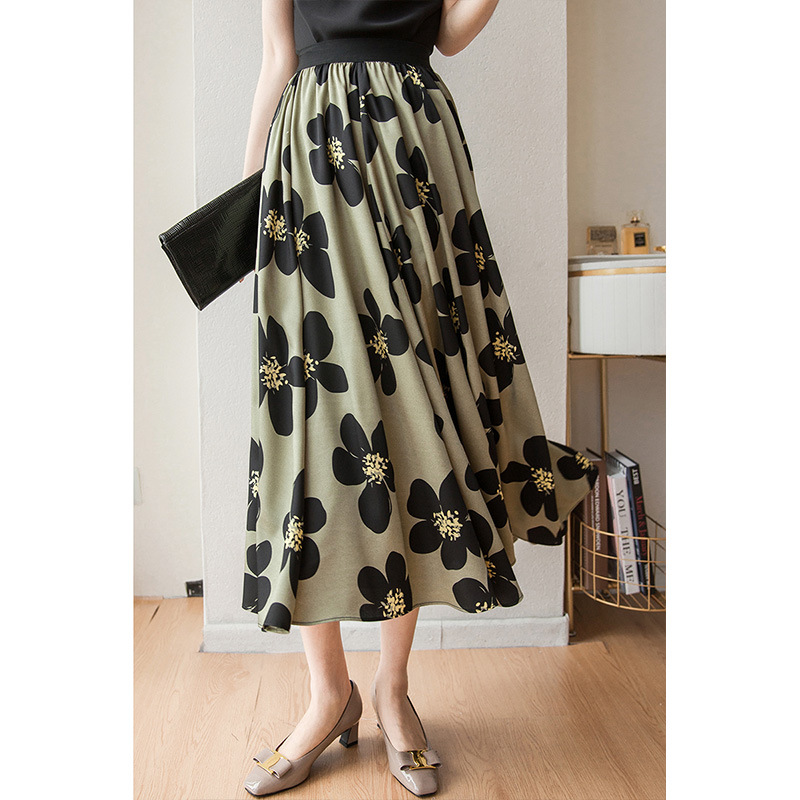 2021夏季新款女装松紧腰花朵点缀中长款a字过膝半身裙伞裙-阿里巴巴