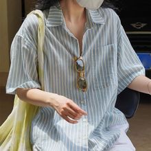 韩版复古文艺棉麻感短袖条纹衬衫夏季宽松显瘦休闲防晒透气上衣女