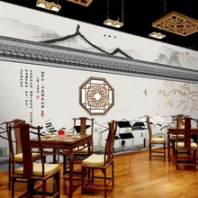 中国风立体屋檐建筑墙纸中式饭店包厢火锅店茶室壁画古风拍照壁纸