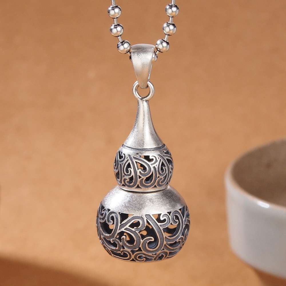 s925纯银葫芦吊坠可打开祥云纹男女嘎乌盒挂件项链符文香囊银挂坠