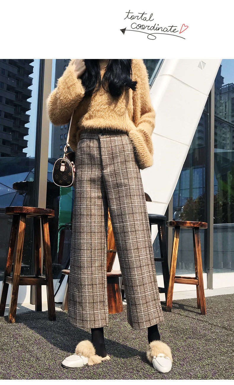 包邮阔腿裤女冬季韩版学生毛呢格子粗纺休闲高腰垂感显瘦直筒九分