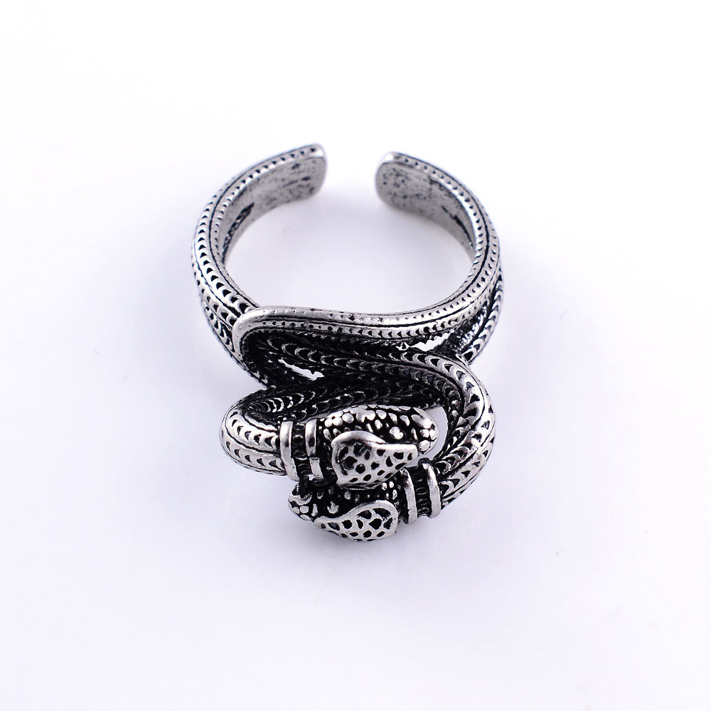 欧美跨境时尚复古眼镜双头蛇戒指 gsrden系列缠绕灵蛇男士开口戒