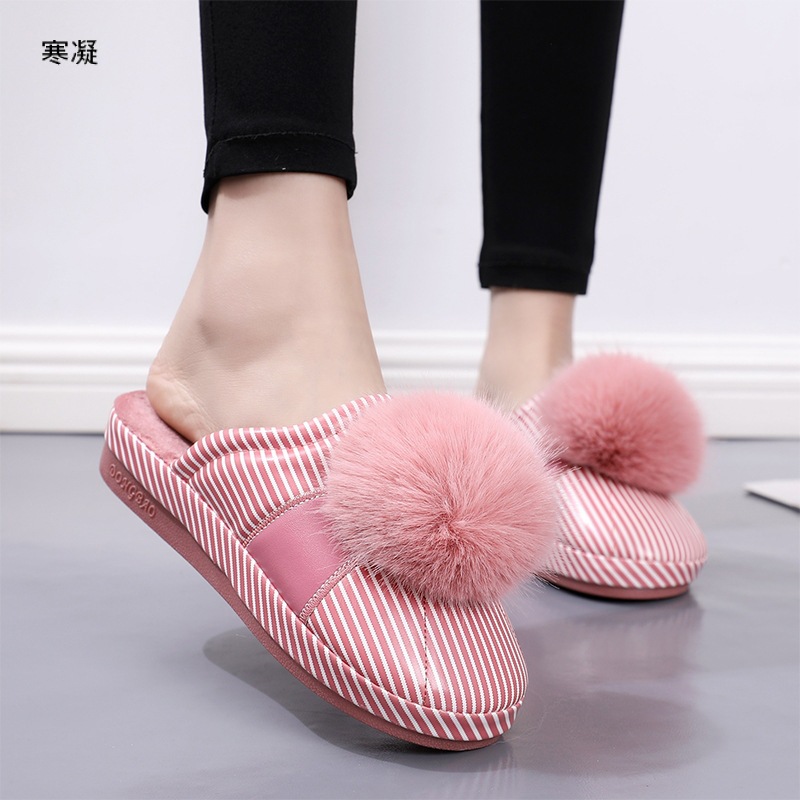 棉拖鞋女士皮面厚底坡跟防滑防水耐穿秋冬季保暖外穿网红新款皮拖