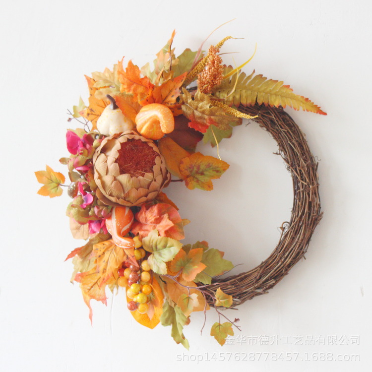 Cross-Border E-Commerce Amazon Autumn Color Thanksgiving Harvest Festival Maple Leaf Pumpkin Pulp Fruit Vine Woven Garland Home Decoration