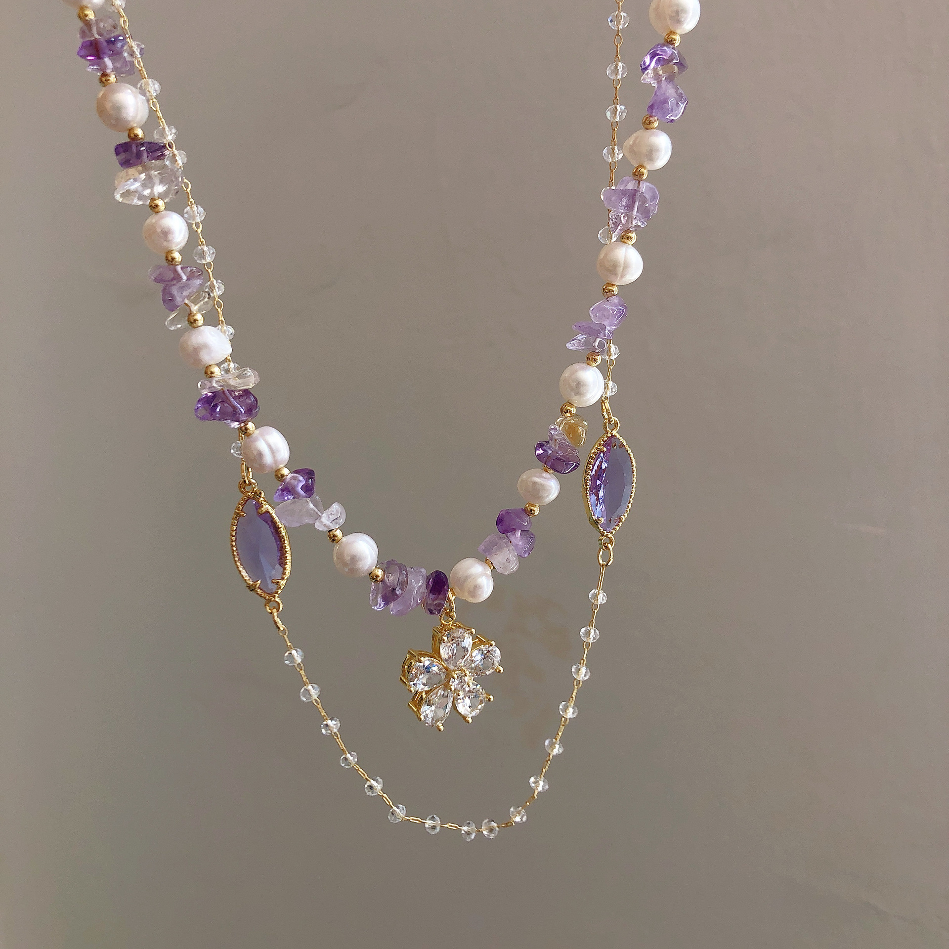 轻奢高级感天然薰衣草紫水晶淡水真珍珠项链花朵颈链2022潮品锁骨