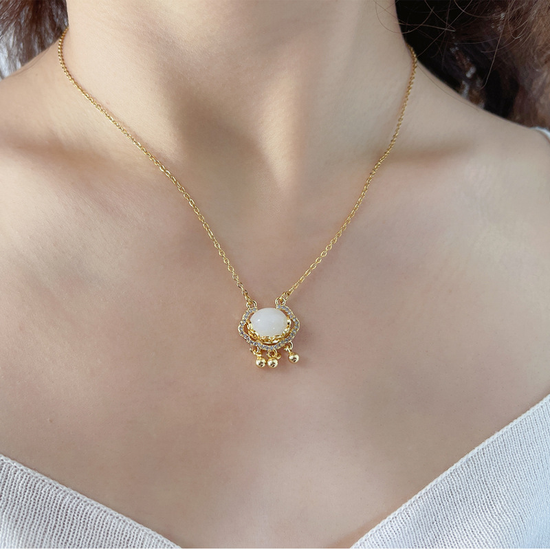 Chinese Style New Opal Safety Lock Pendant Necklace Women's Simple Fashion Sense Necklace Light Luxury All-Match Clavicle Chain