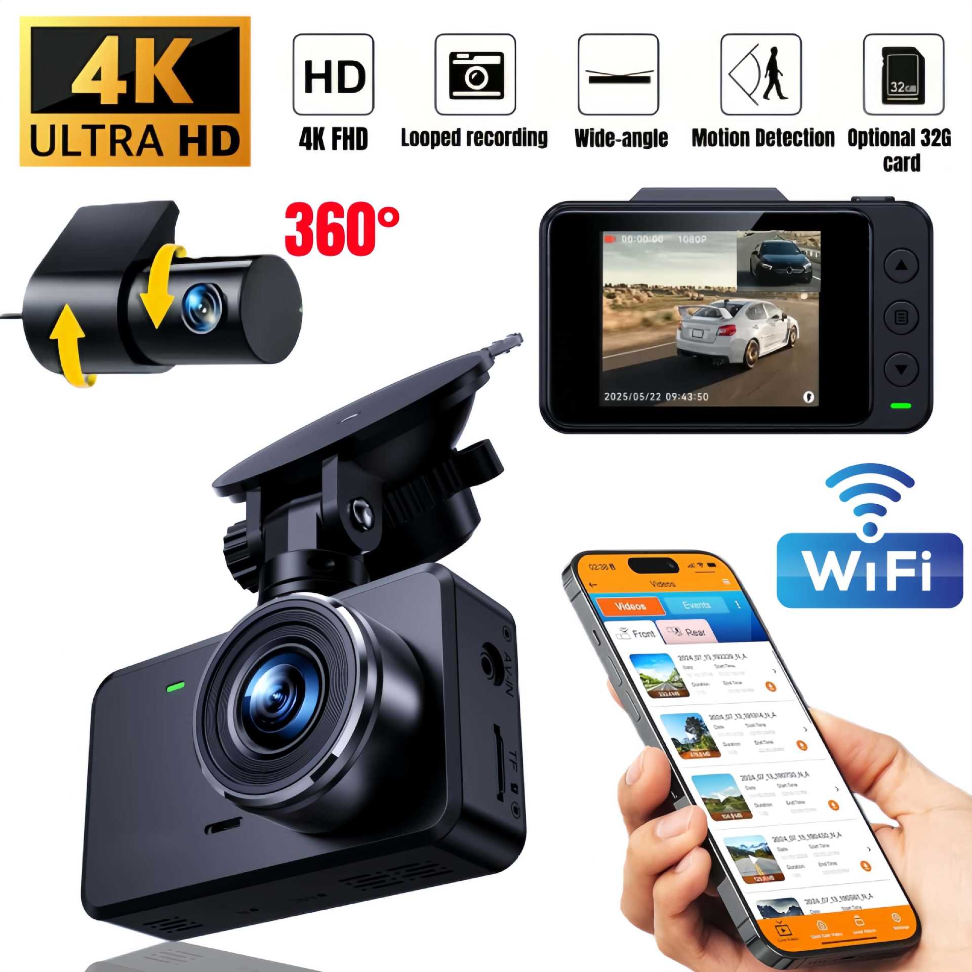 2寸 4K双通道高清车前车后记录仪 带WiFi互联、倒车影像360°调节