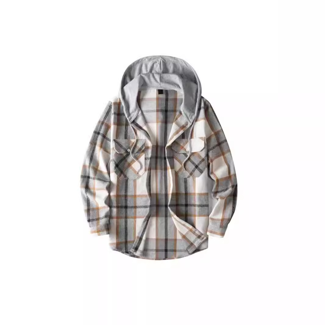 秋冬外贸男士休闲拼色连帽磨毛呢料格子长袖衬衫美式复古工装衬衣